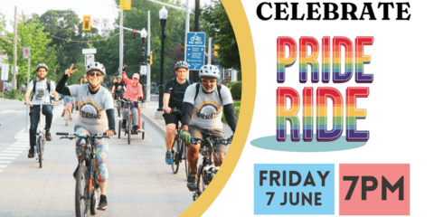 People on bikes wearing pride shirts with the text "Celebrate Pride Ride Friday 7 June 7PM"