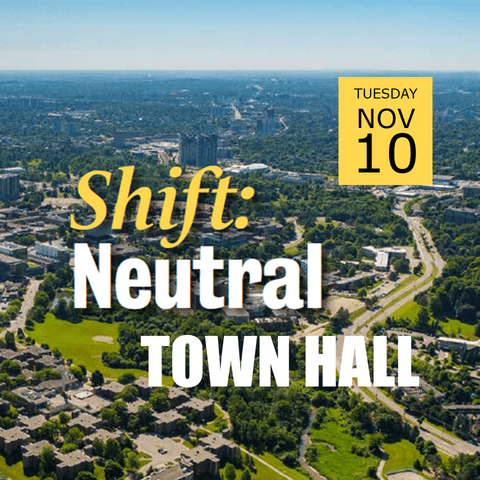 Aerial view of campus with Shift: Neutral Town Hall text, Tuesday November 10