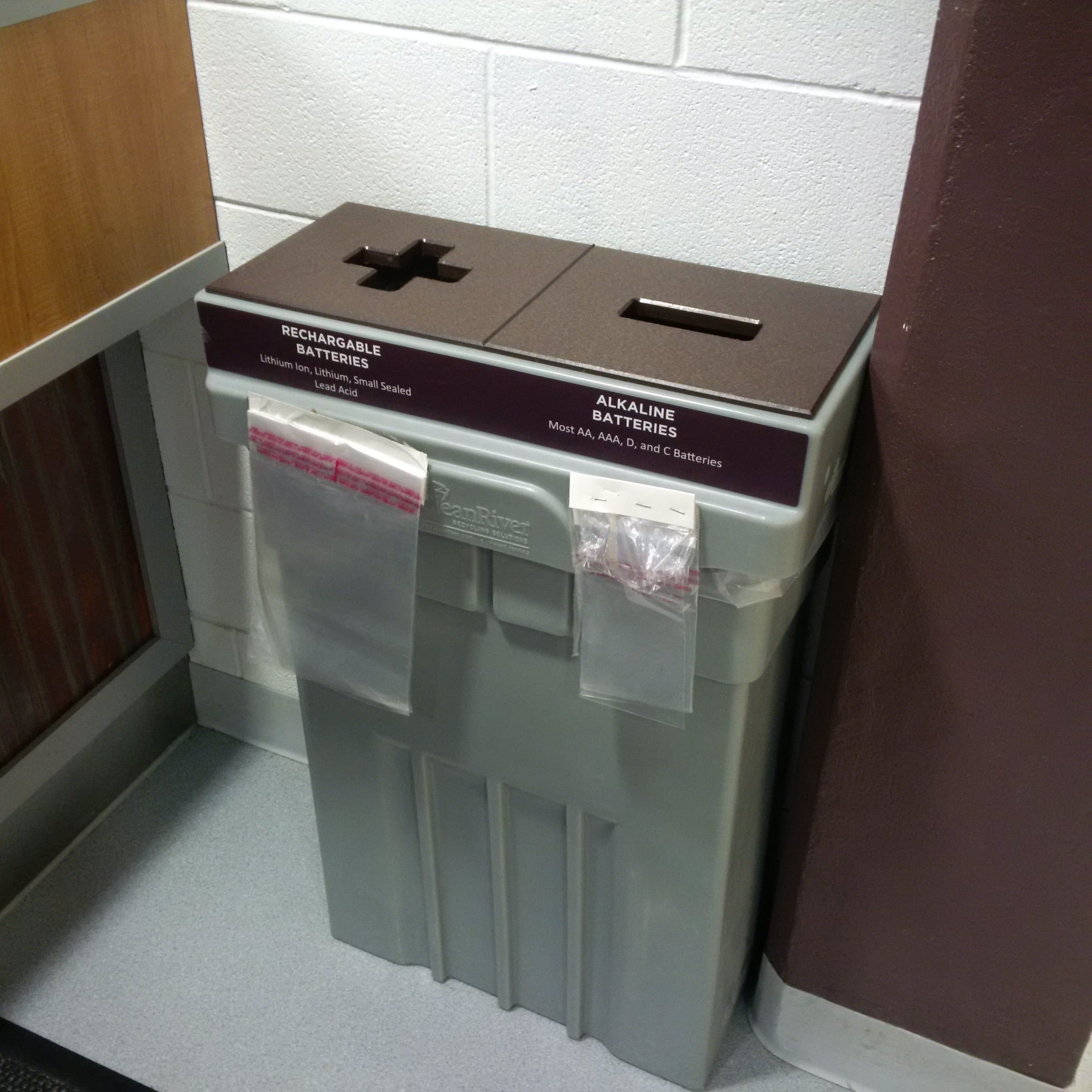 Battery recycling bin.