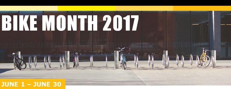 Bike Month 2017 on June 1 to June 30, showing bike racks in front of Quantum Nano Centre