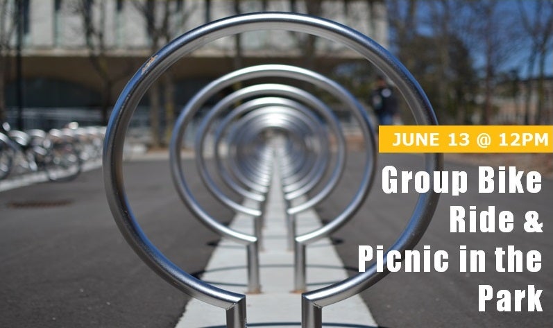 Bike racks in front of Dana Porter. Image shows Group Bike Ride and Picnic in the Park on June 13 from 12PM to 1PM