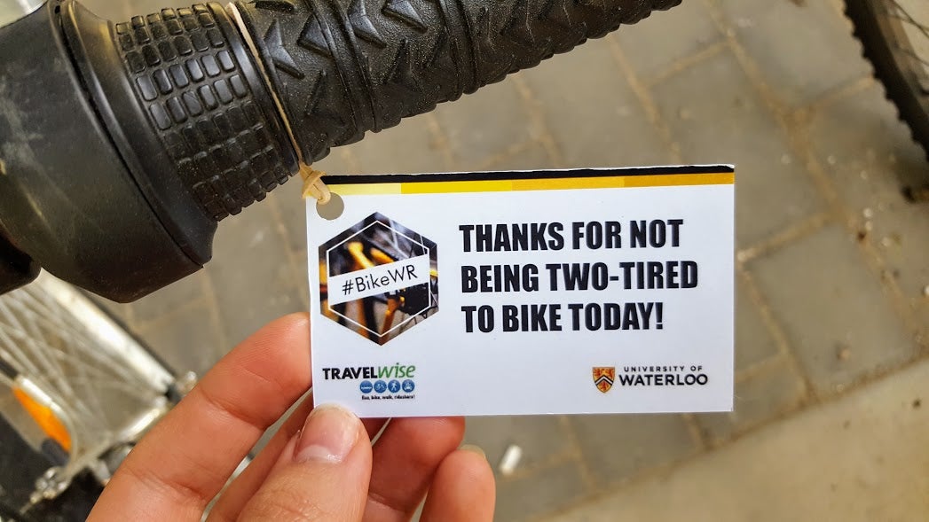Bike tag that says "thanks for not being two-tired to bike today!"