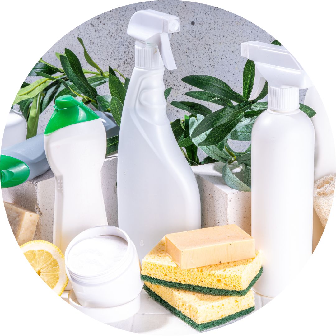 Assorted cleaning supplies (spray bottles, sponges) linking to Cleaning Supplies webpage