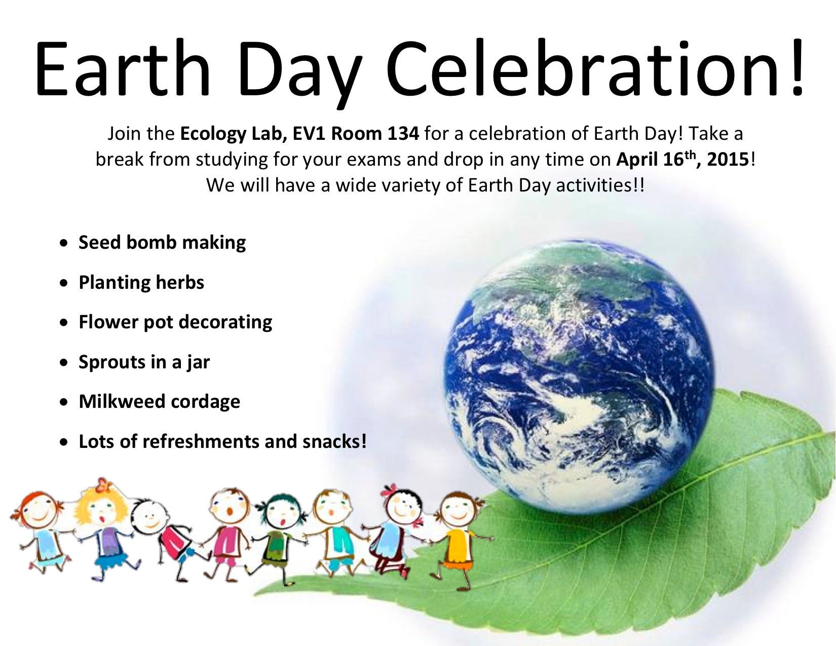 Ecology lab earth day poster with earth symbol on a leaf