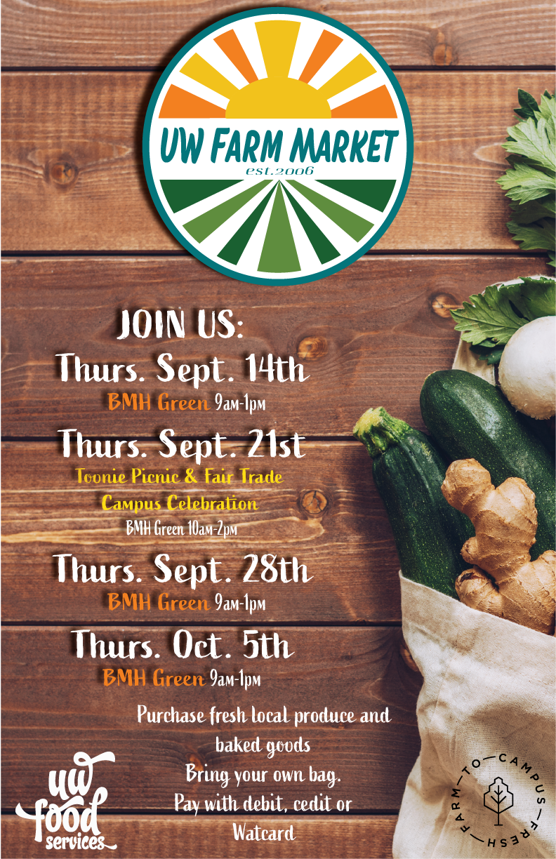 Food Services farm market poster with fall term dates and times - Thursdays from 9am-1pm at the BMH Green