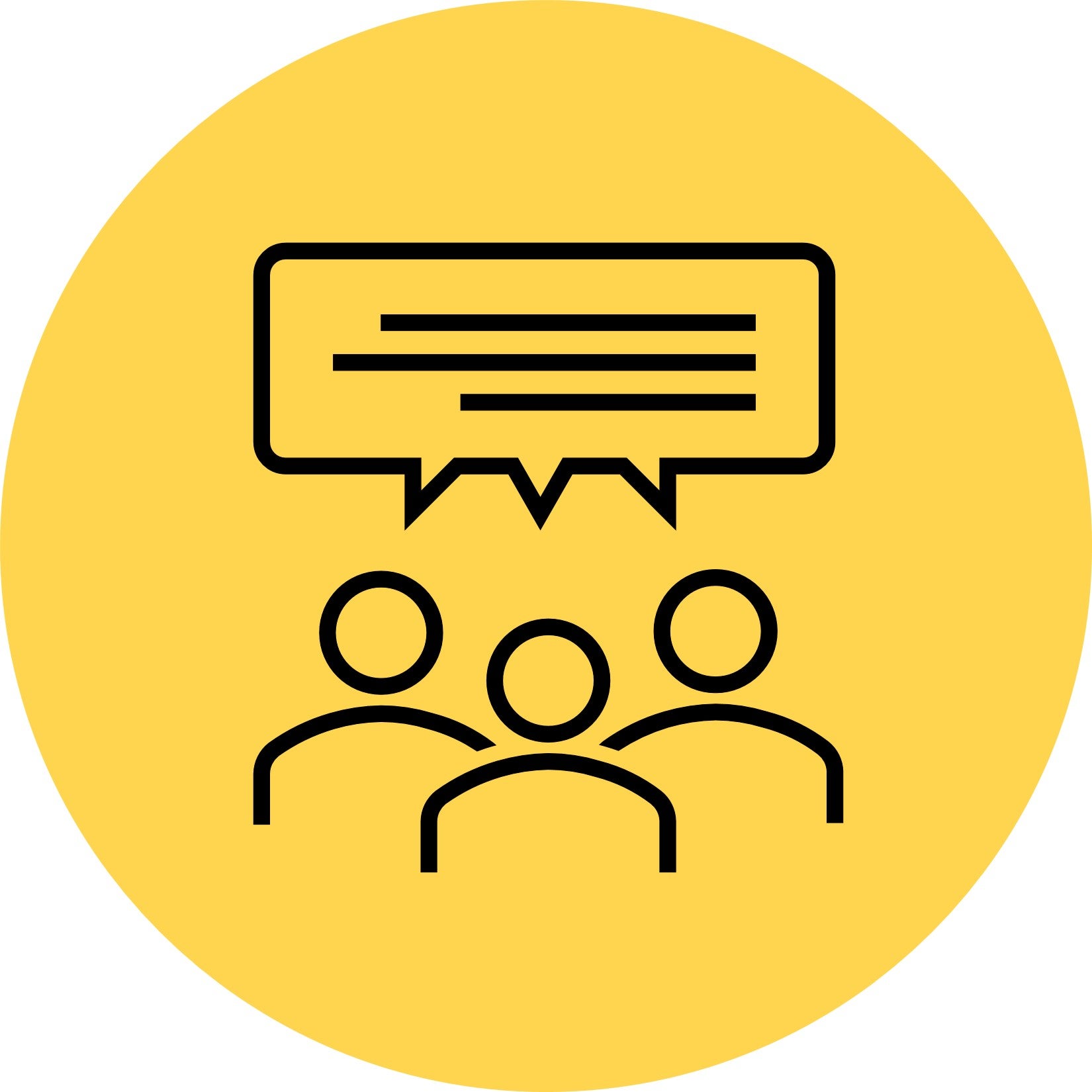 Line icon of three people with joint speech bubble above their head