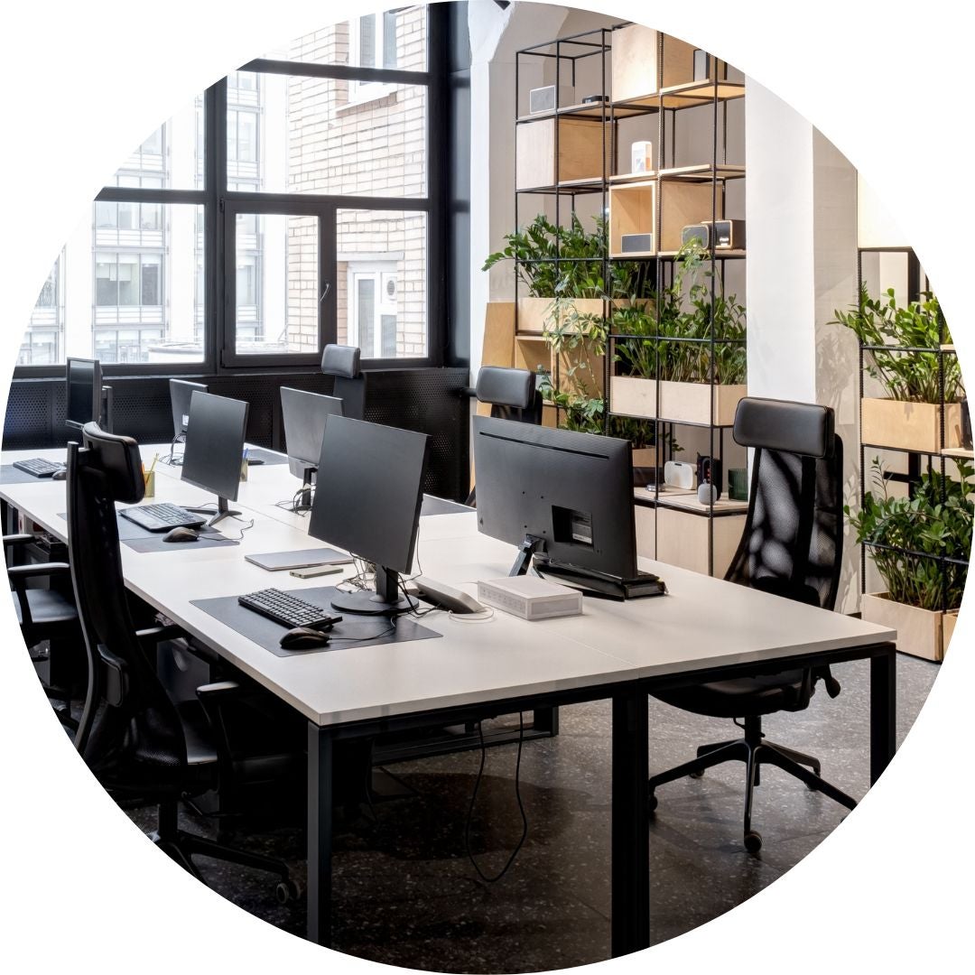 Office set up with monitors, shared desk and shelves with plants, linking to Furniture webpage