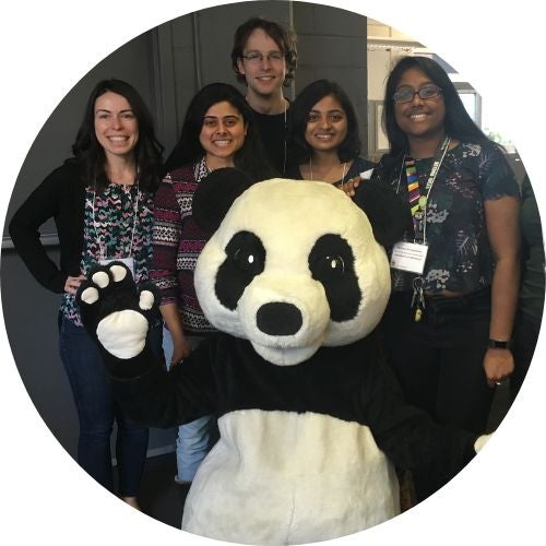 Students at WWF hackathon with panda mascot