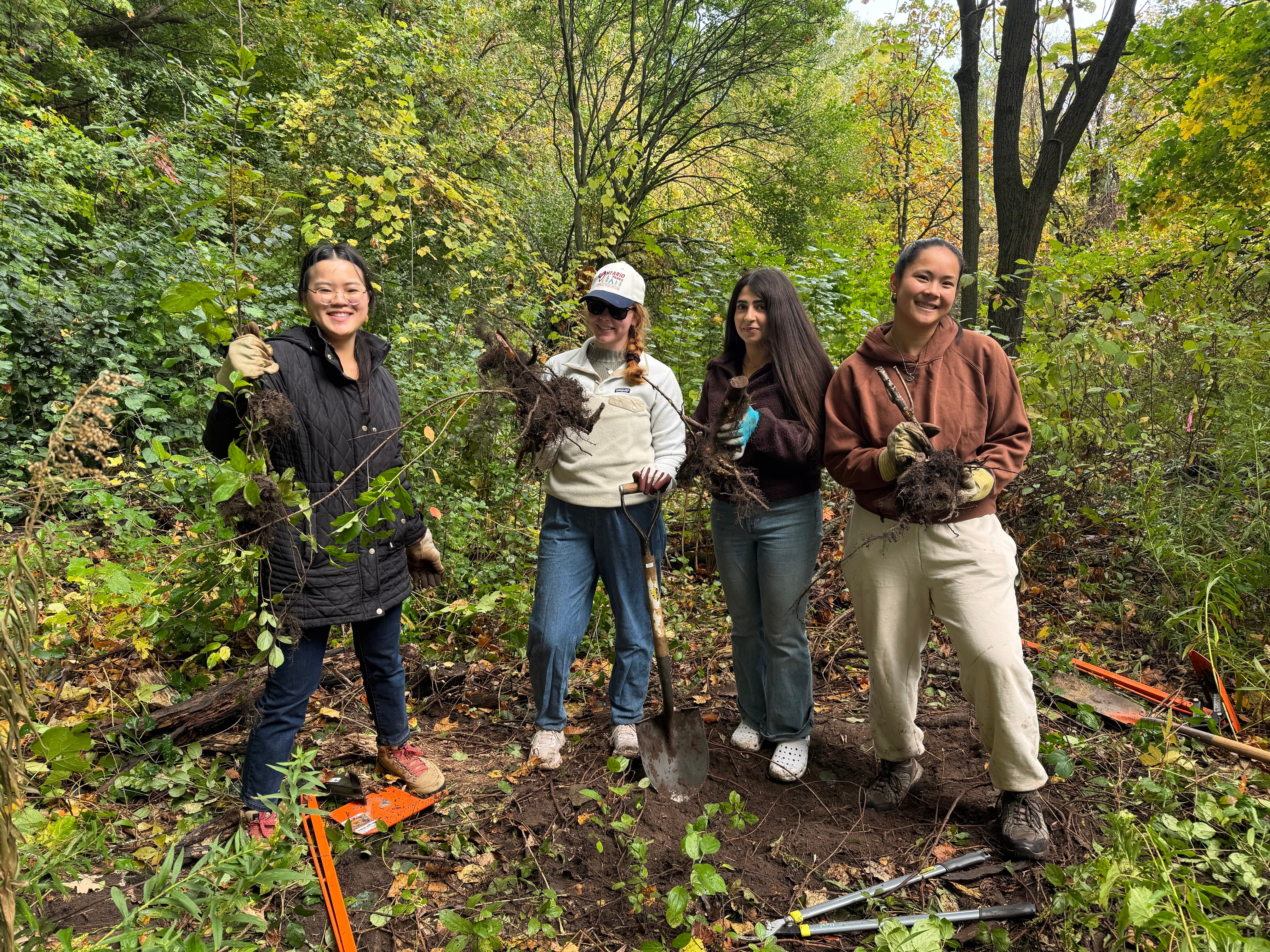 group photo of four people holding buckthorn roots
