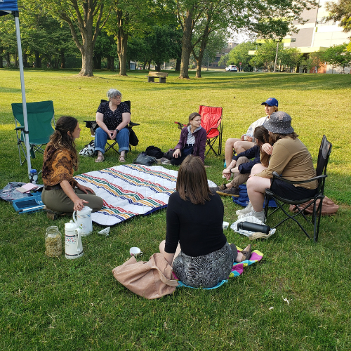 Office members talking in a circle on the grass 