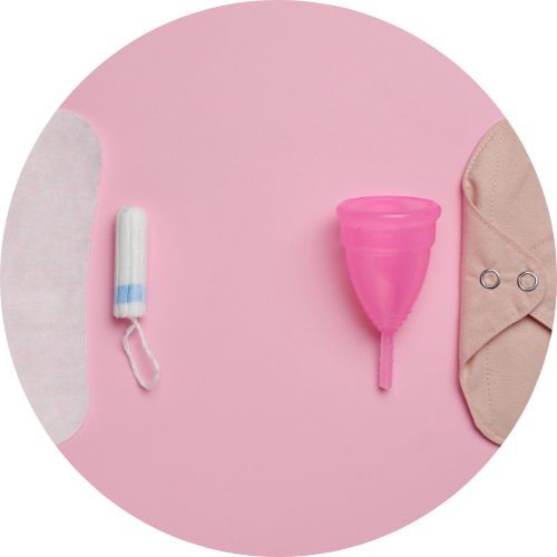 Pad and tampon on left side, juxtaposed with reusable menstrual cup and pad on right side