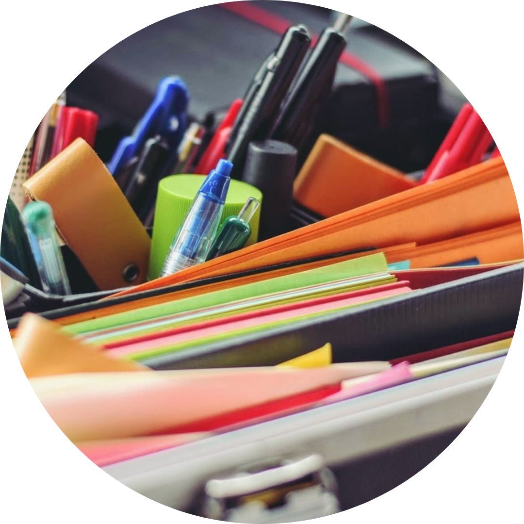 Assorted office supplies (pens, pencils, sticky notes), linking to Office Supplies webpage