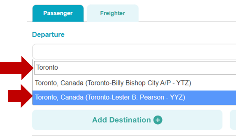 "Toronto" is typed into the "Departure" field of the calculator and a dropdown expands, listing airports in Toronto