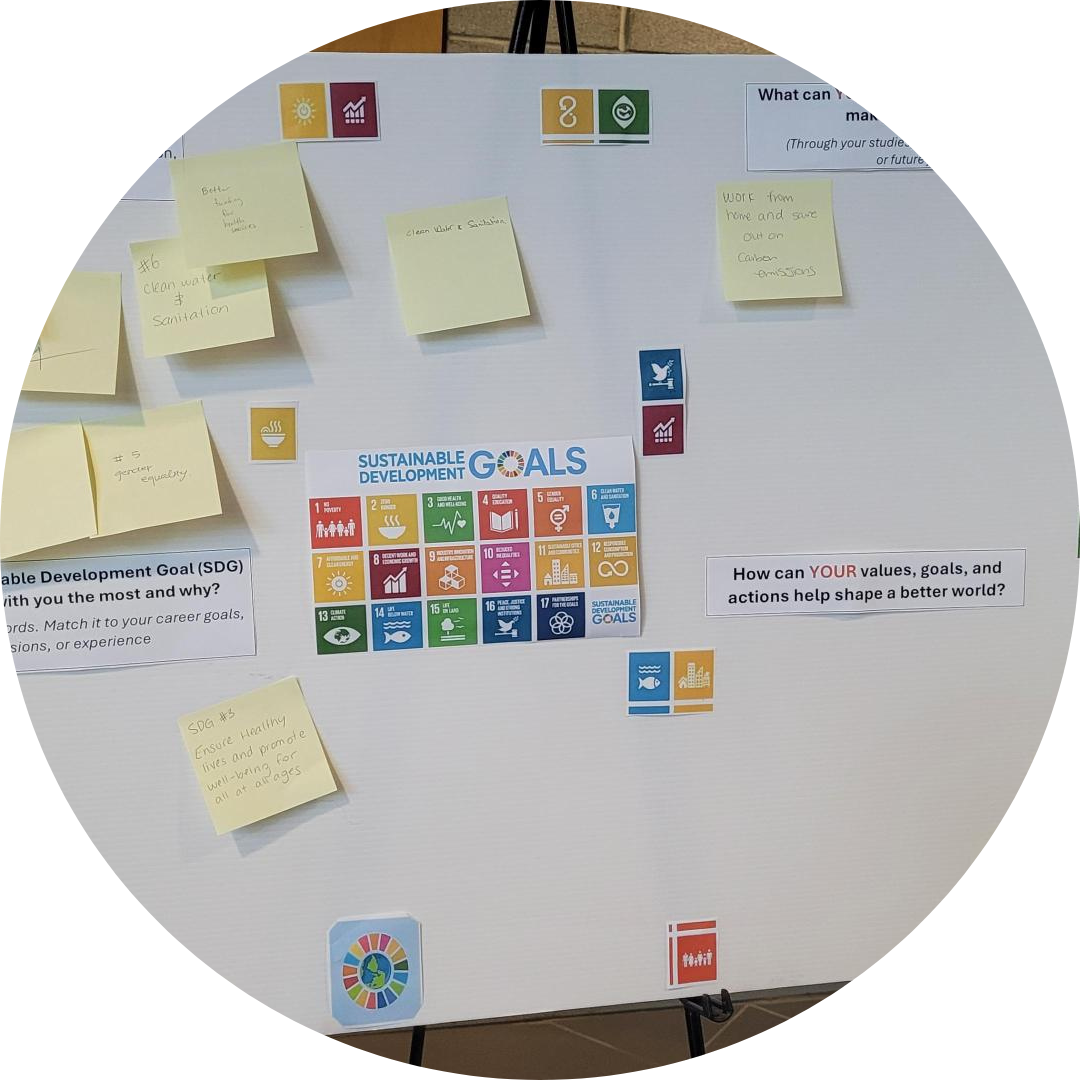 Posterboard with sticky notes from SDG brainstorming activity