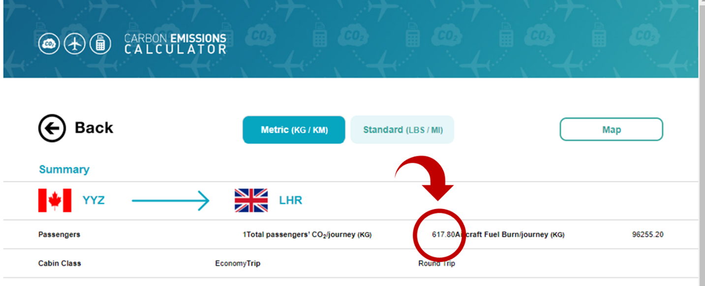 Screen shot of the Carbon Emissions Calculator indicating that a flight from YYZ to LHR is 617.80 CO2/journey (KG)