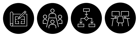 Four line icons representing departmental support: planning, engagement, processes, and physical environment