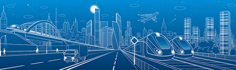 Line drawing of a city with various forms of transportation, including trains, a truck and an airplane