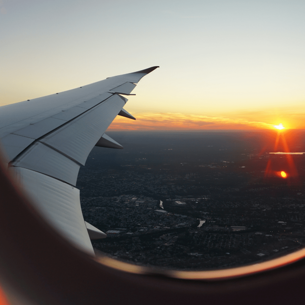 Sunset outside airplan window 