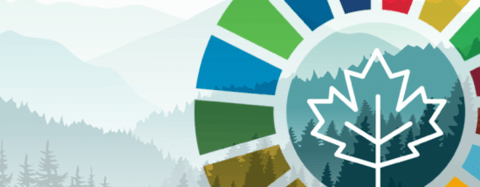 SDG Wheel and Maple Leaf overlaid mountainous background