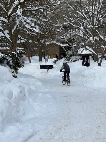 A cyclist riding down a campus path in the snow.