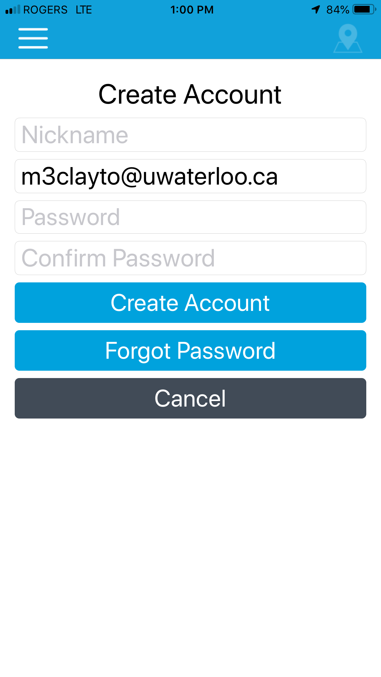 AMP mobile application create an account screen