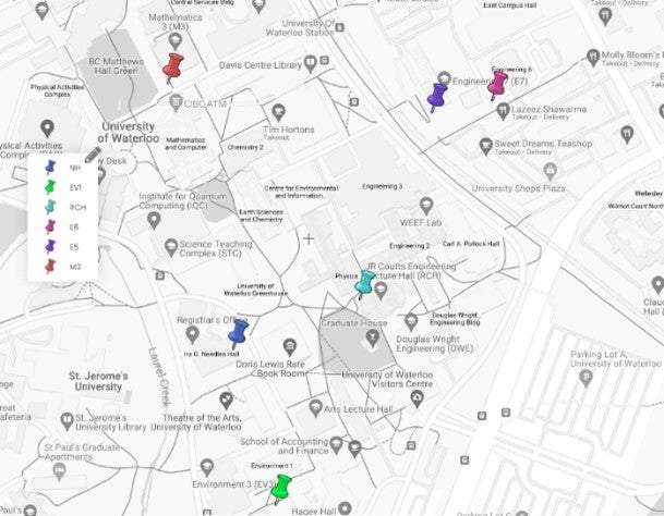A map of the Waterloo campus identifying bike locker locations.