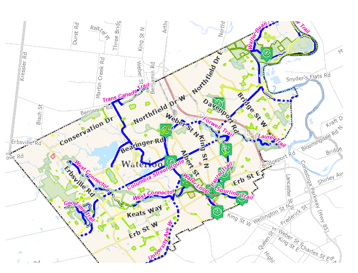 A map of Waterloo's bike trails.