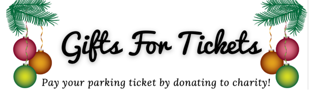 Gifts for tickets banner with holly and decorative ornaments.