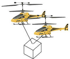 two toy helicopters pulling a square mass