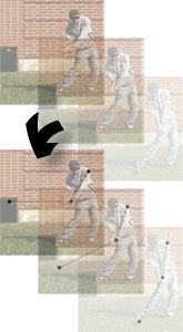 photo of a golfer in various stages of a swing with arrow pointing to altered image with dots that analyze your swing