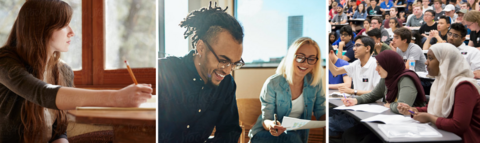 Three images: A woman with brown hair looking out a window and holding a pencil; a Black man with dredlocks smiles while seated next to a smiling blonde woman wearing glasses; students in lecture-style seating.