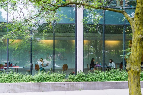 Photo of floor to ceiling windows with students working at a desk on the other side of the glass window.