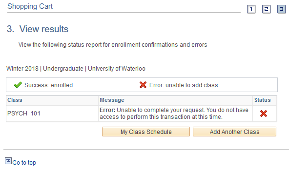 Example of Results with red X and an error message.