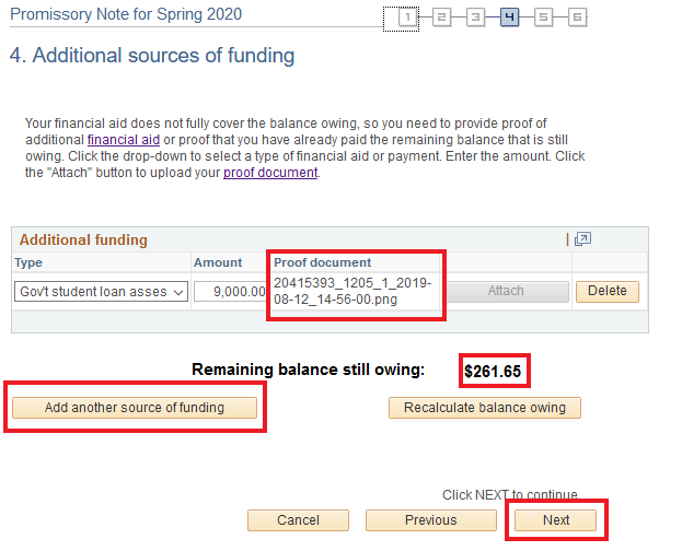 Adding sources of funding in Quest Promissory Note with document, balance, and  option to Add another sources of funding or click the Next button.