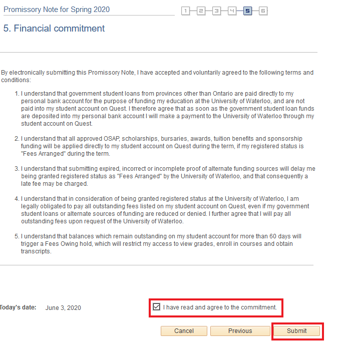 Financial commitment with consent box checked off and Submit button highlighted.