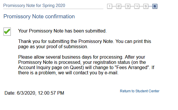 Promissory Note confirmation in Quest.