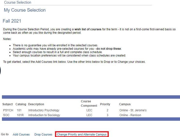 My Course Selection in Quest with Change Priority and Alternate Campus link highlighted.