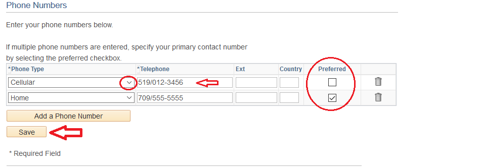 Editing Cellular phone number in Quest with Save button highlighted.