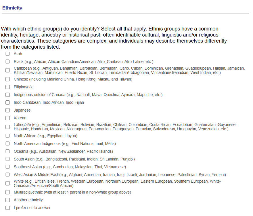 A listing of ethnicity in Quest