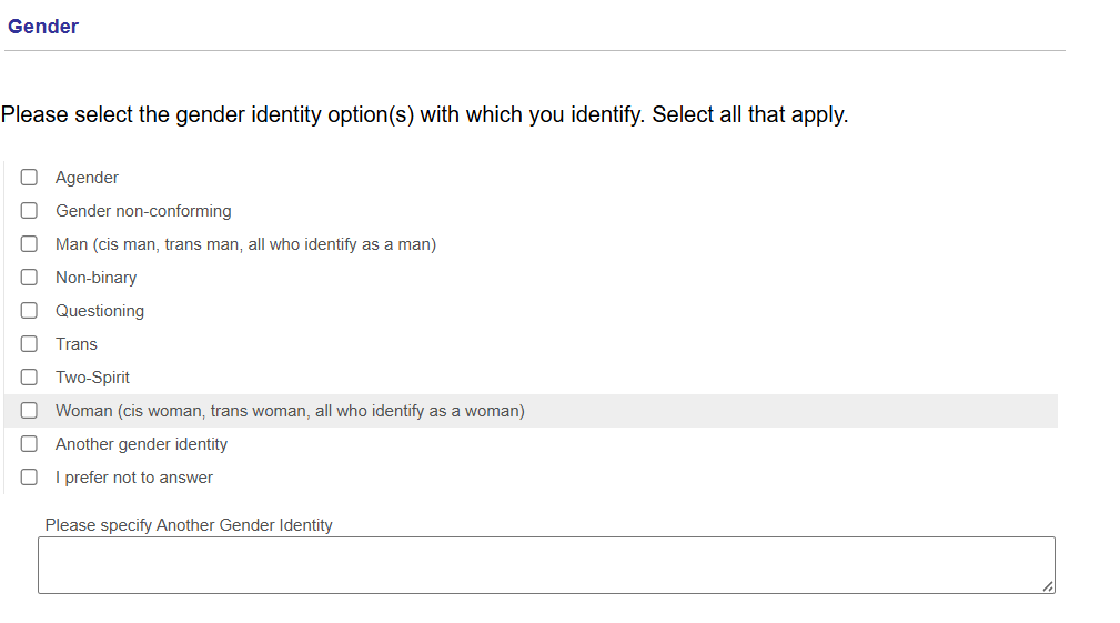 A listing of gender in Quest