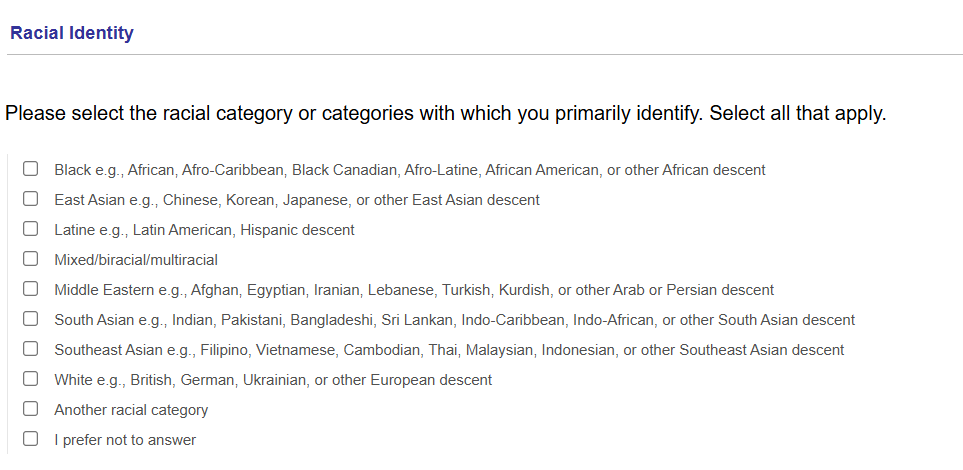 A listing of racial identity in Quest