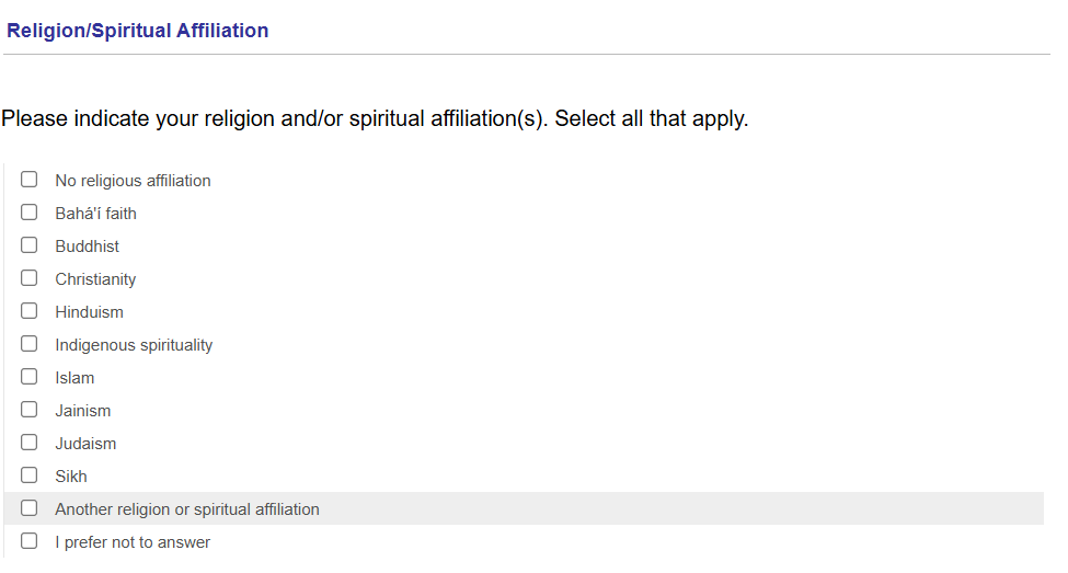 A listing of religion/spiritual affiliation in Quest