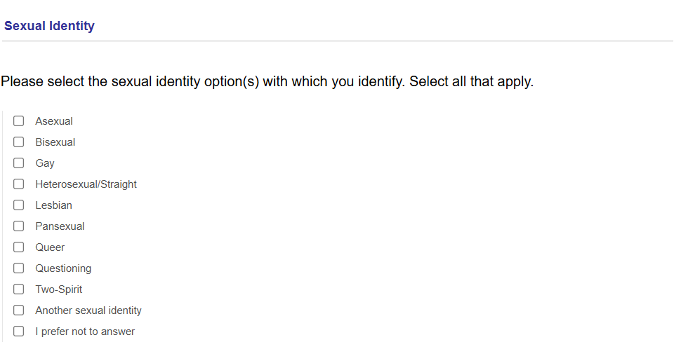 A listing of sexual identity in Quest