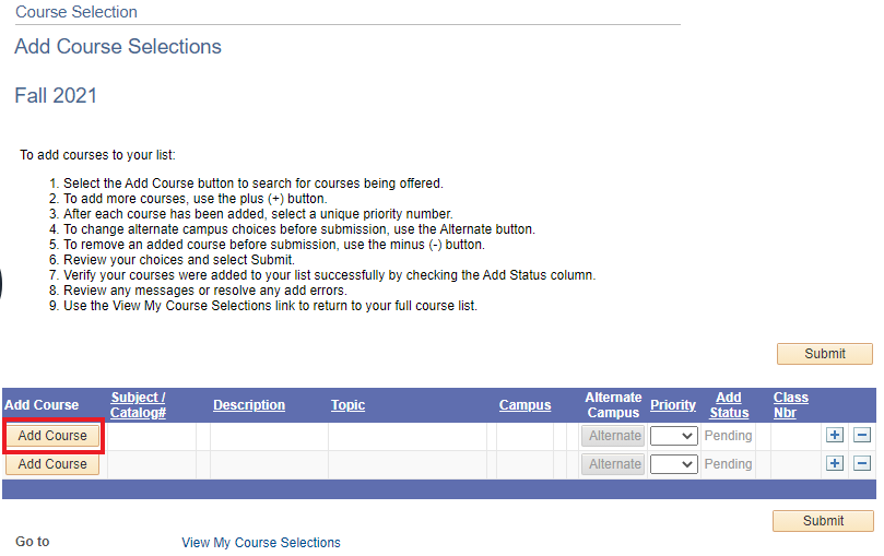 Add Course Selections instructions with Add Course button highlighted.