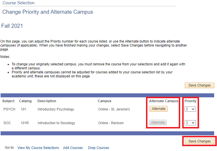 Alternate Campus and Priority columns highlighted with Save Changes button highlighted.