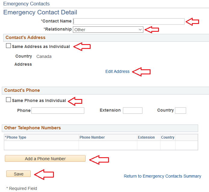 Emergency Contat Details on Quest including Contact's Address, Contact's Phone, and Other Telephone Numbers.