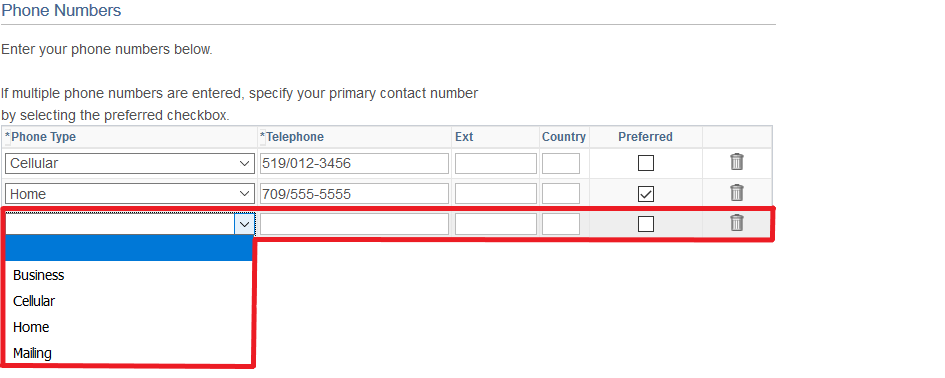 New phone number section highlighted with Phone Type, Telephone, Ext, Country, Preferred and Trash icon highlighted.