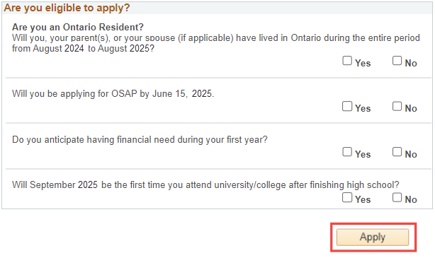 Entrance bursary eligibility questions in Quest.