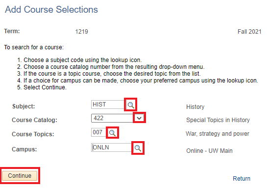 Course search criteria with Continue button highlighted.