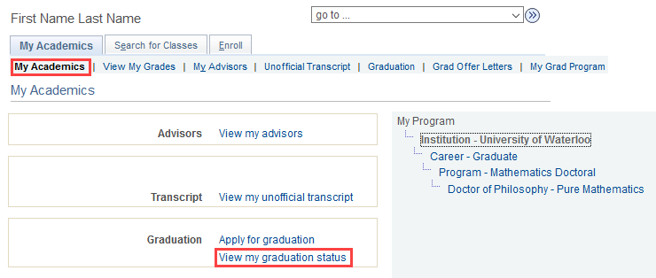 My Academics tab in Quest with View my graduation status link highlighted.